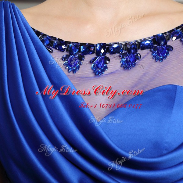 New Arrival Scoop Blue Sleeveless Satin Court Train Zipper Evening Dress for Prom and Party