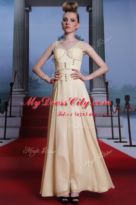 V-neck Sleeveless Chiffon Prom Dresses Beading and Ruching Side Zipper