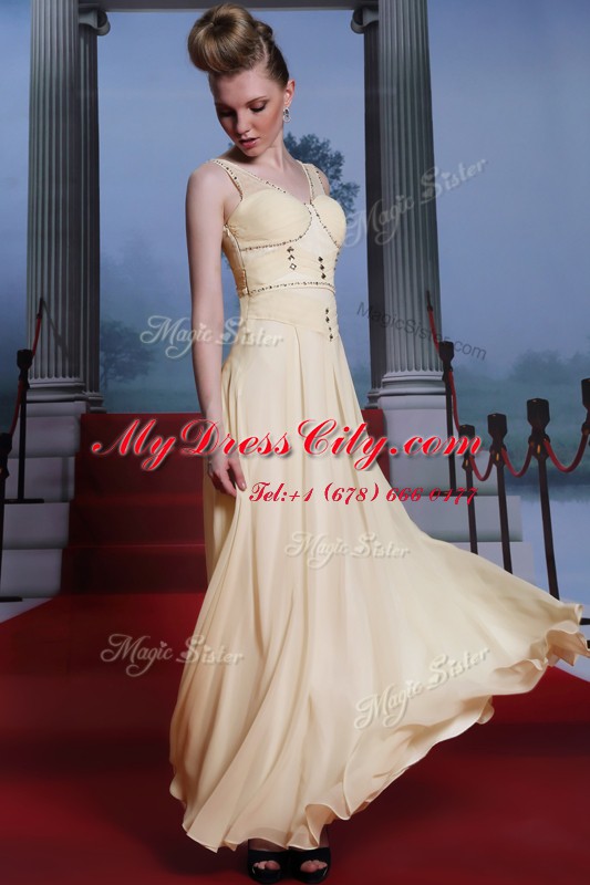 V-neck Sleeveless Chiffon Prom Dresses Beading and Ruching Side Zipper