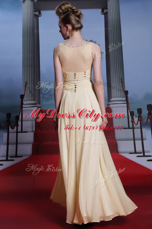 V-neck Sleeveless Chiffon Prom Dresses Beading and Ruching Side Zipper