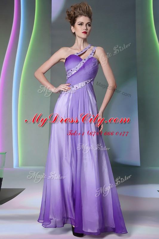 Stunning One Shoulder Lavender Sleeveless Chiffon Side Zipper Homecoming Dress for Prom and Party