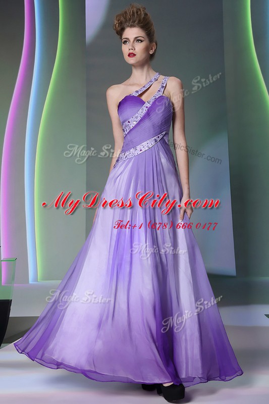 Stunning One Shoulder Lavender Sleeveless Chiffon Side Zipper Homecoming Dress for Prom and Party