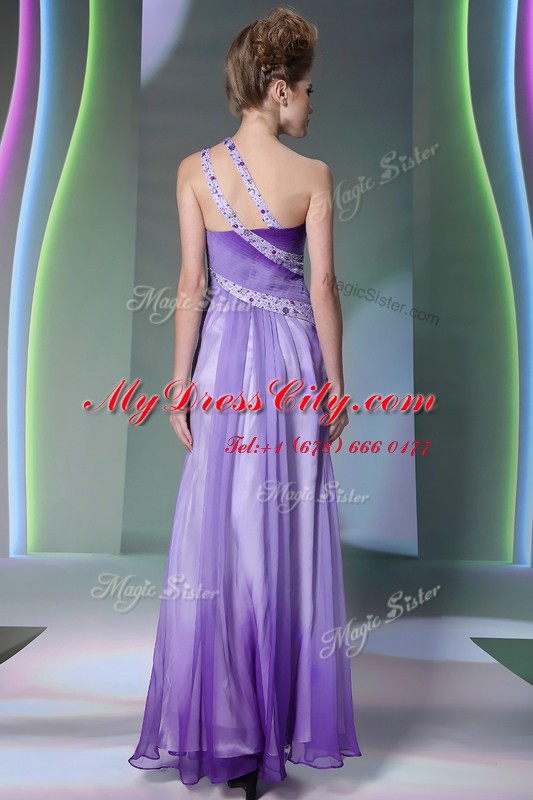 Stunning One Shoulder Lavender Sleeveless Chiffon Side Zipper Homecoming Dress for Prom and Party