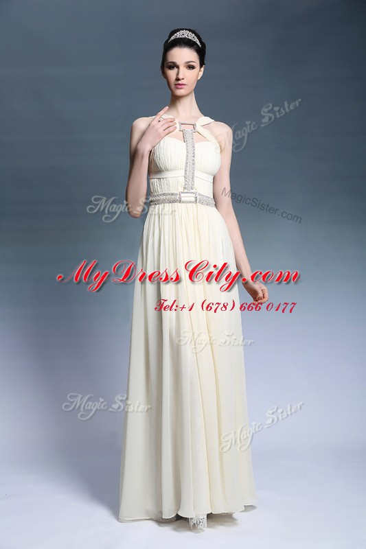 Light Yellow Column/Sheath Chiffon Strapless Sleeveless Beading and Ruching Floor Length Side Zipper Prom Evening Gown