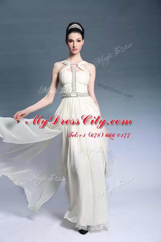 Light Yellow Column/Sheath Chiffon Strapless Sleeveless Beading and Ruching Floor Length Side Zipper Prom Evening Gown