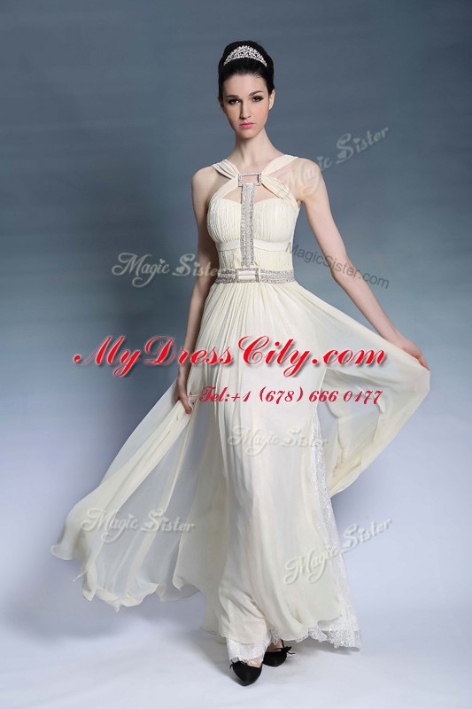 Light Yellow Column/Sheath Chiffon Strapless Sleeveless Beading and Ruching Floor Length Side Zipper Prom Evening Gown