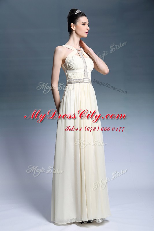 Light Yellow Column/Sheath Chiffon Strapless Sleeveless Beading and Ruching Floor Length Side Zipper Prom Evening Gown