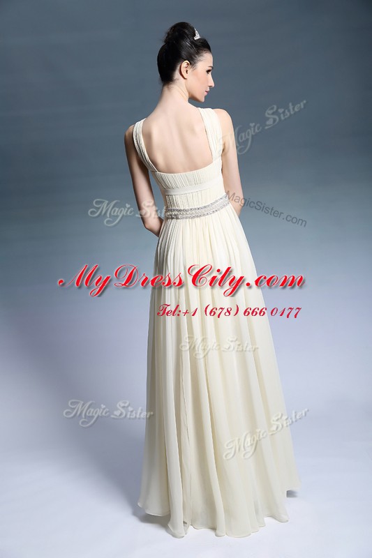 Light Yellow Column/Sheath Chiffon Strapless Sleeveless Beading and Ruching Floor Length Side Zipper Prom Evening Gown