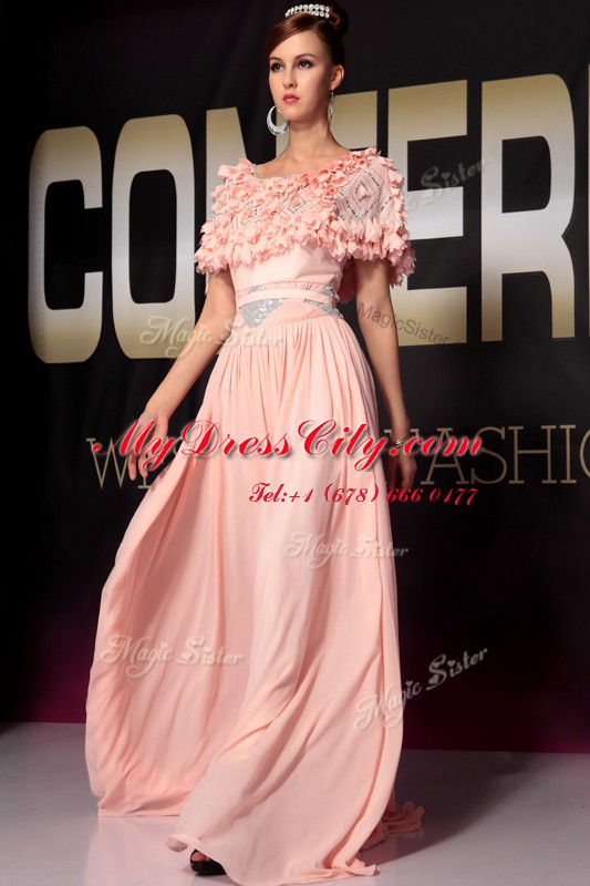 Scoop Pink Short Sleeves Ruffles and Belt Floor Length Evening Dress