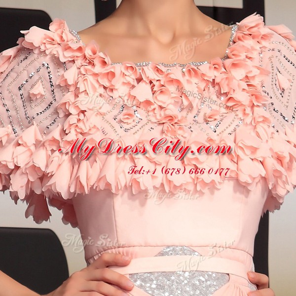 Scoop Pink Short Sleeves Ruffles and Belt Floor Length Evening Dress