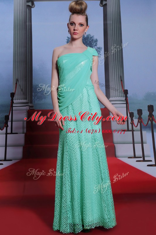 Turquoise Column/Sheath Chiffon One Shoulder Sleeveless Ruching Floor Length Side Zipper