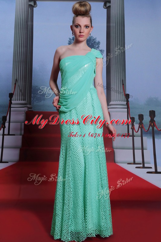 Turquoise Column/Sheath Chiffon One Shoulder Sleeveless Ruching Floor Length Side Zipper