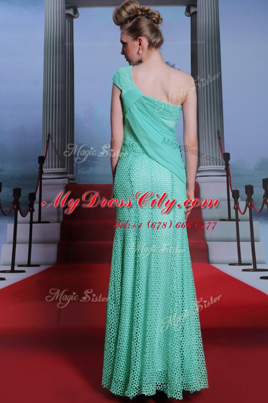 Turquoise Column/Sheath Chiffon One Shoulder Sleeveless Ruching Floor Length Side Zipper