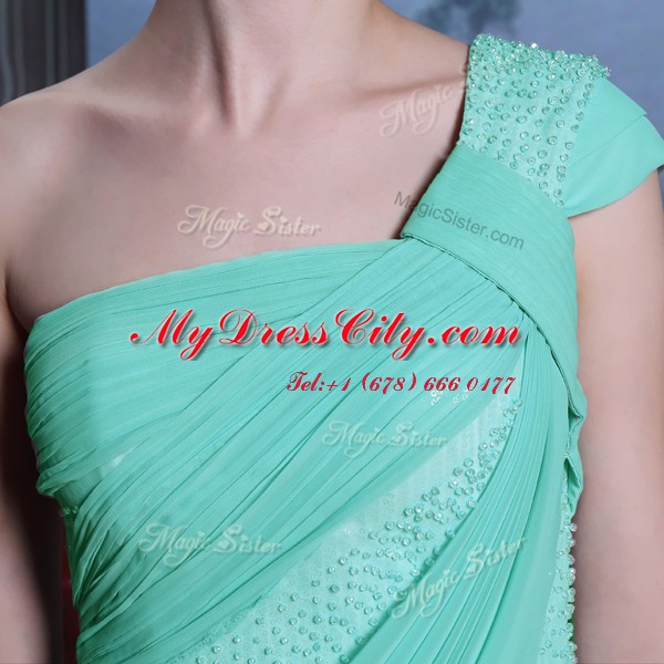 Turquoise Column/Sheath Chiffon One Shoulder Sleeveless Ruching Floor Length Side Zipper