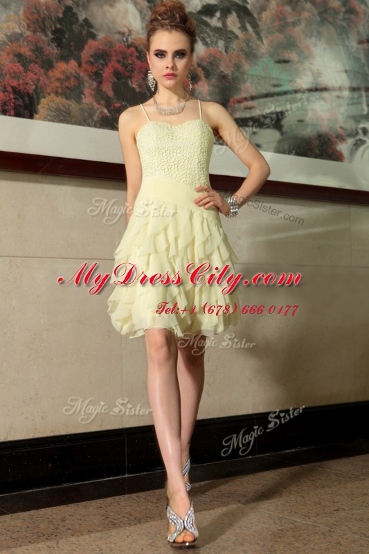 Smart Light Yellow Empire Chiffon Spaghetti Straps Sleeveless Ruffled Layers Mini Length Side Zipper Prom Gown