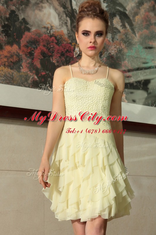 Smart Light Yellow Empire Chiffon Spaghetti Straps Sleeveless Ruffled Layers Mini Length Side Zipper Prom Gown