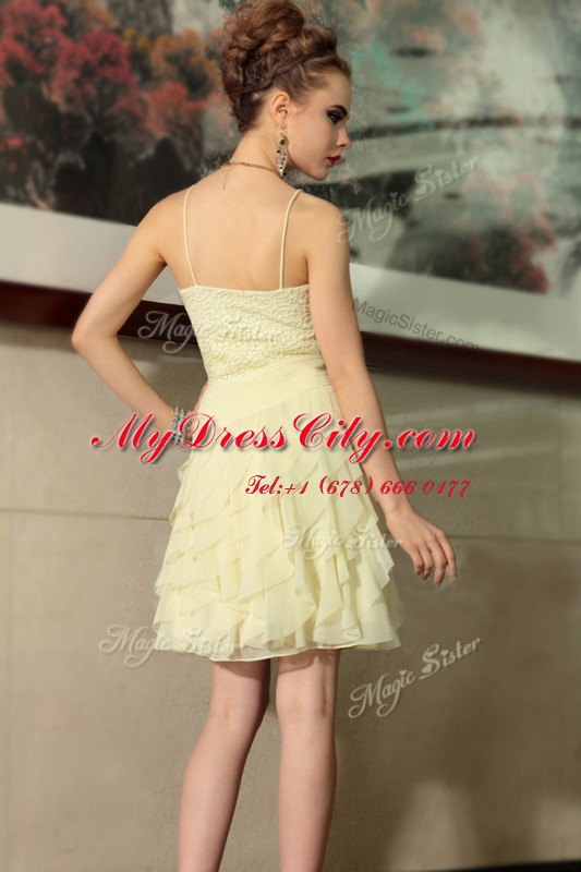 Smart Light Yellow Empire Chiffon Spaghetti Straps Sleeveless Ruffled Layers Mini Length Side Zipper Prom Gown