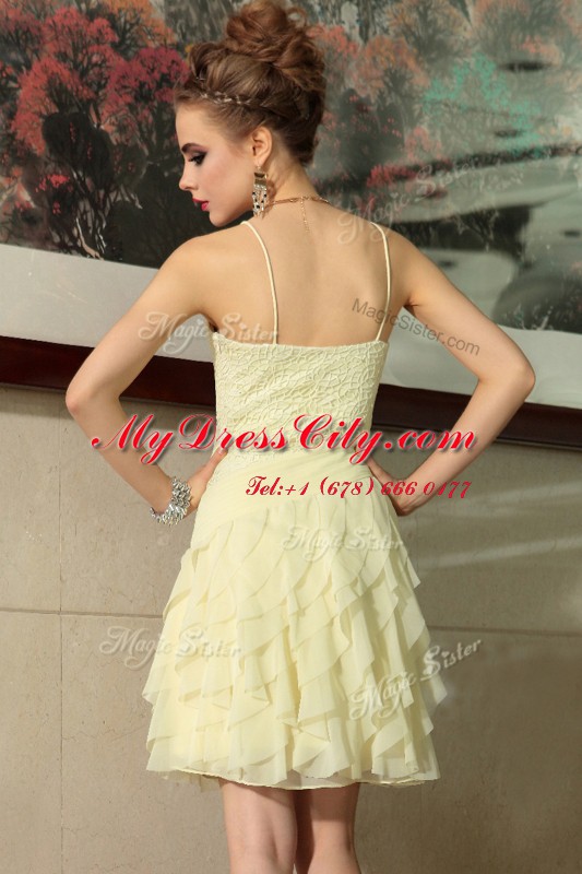 Smart Light Yellow Empire Chiffon Spaghetti Straps Sleeveless Ruffled Layers Mini Length Side Zipper Prom Gown