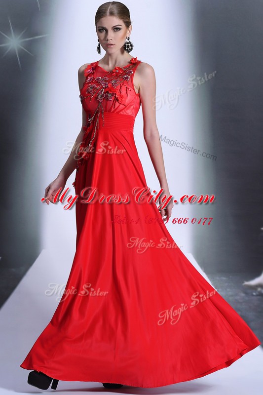 Red Zipper Bateau Hand Made Flower Evening Dress Chiffon Sleeveless