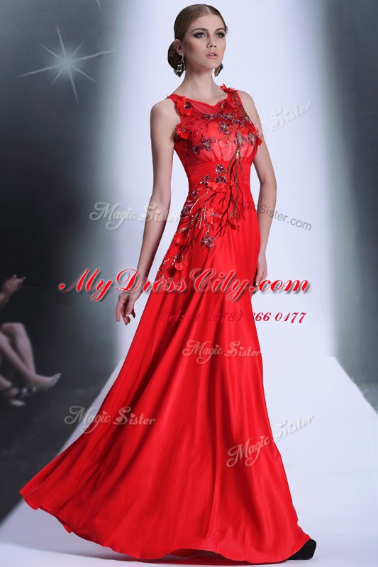 Red Zipper Bateau Hand Made Flower Evening Dress Chiffon Sleeveless