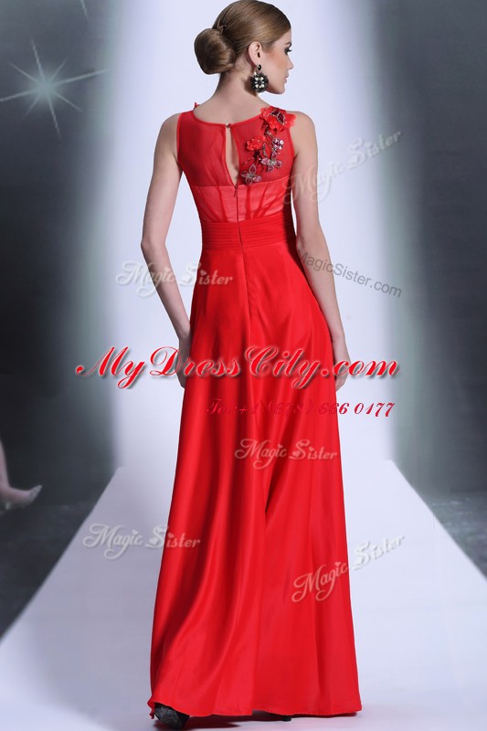 Red Zipper Bateau Hand Made Flower Evening Dress Chiffon Sleeveless