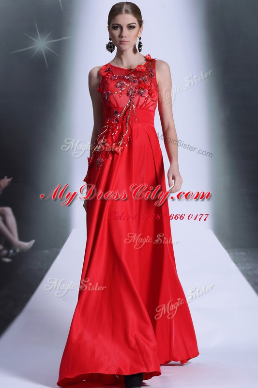 Red Zipper Bateau Hand Made Flower Evening Dress Chiffon Sleeveless