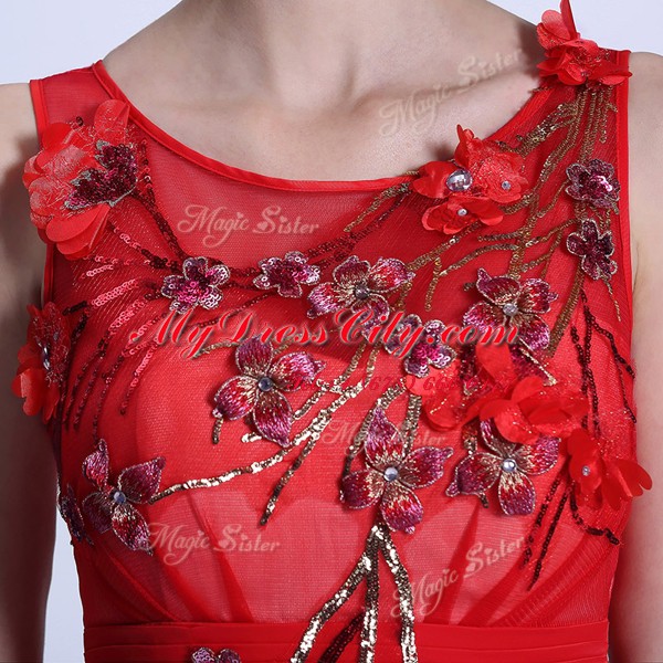 Red Zipper Bateau Hand Made Flower Evening Dress Chiffon Sleeveless