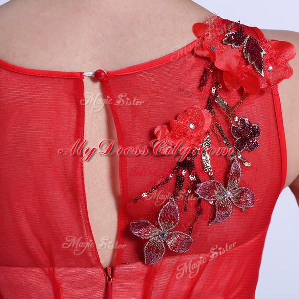 Red Zipper Bateau Hand Made Flower Evening Dress Chiffon Sleeveless