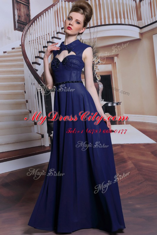 Custom Designed Navy Blue Column/Sheath High-neck Sleeveless Chiffon Floor Length Zipper Beading Homecoming Dress