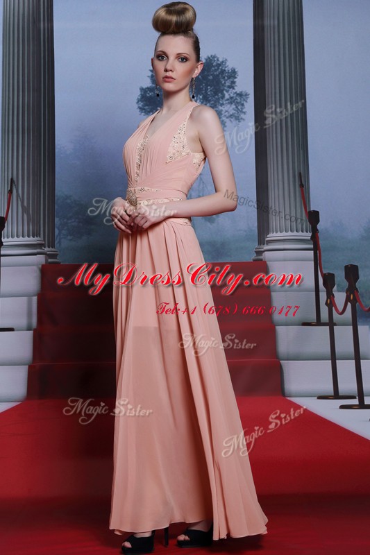 Captivating Sleeveless Floor Length Beading and Appliques Clasp Handle Prom Dresses with Pink