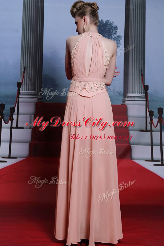 Captivating Sleeveless Floor Length Beading and Appliques Clasp Handle Prom Dresses with Pink