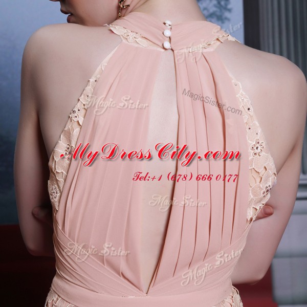 Captivating Sleeveless Floor Length Beading and Appliques Clasp Handle Prom Dresses with Pink