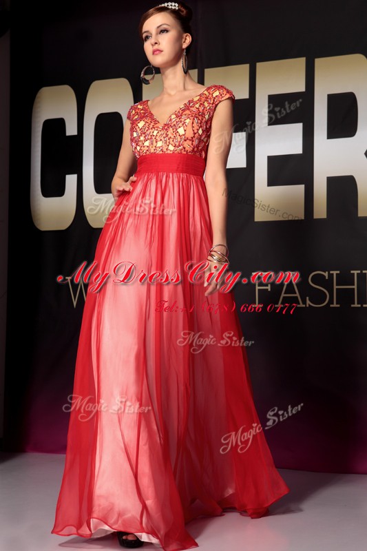 Modern Red Side Zipper Prom Party Dress Appliques and Belt Short Sleeves Floor Length