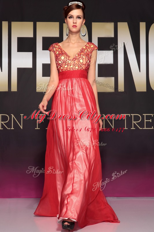 Modern Red Side Zipper Prom Party Dress Appliques and Belt Short Sleeves Floor Length