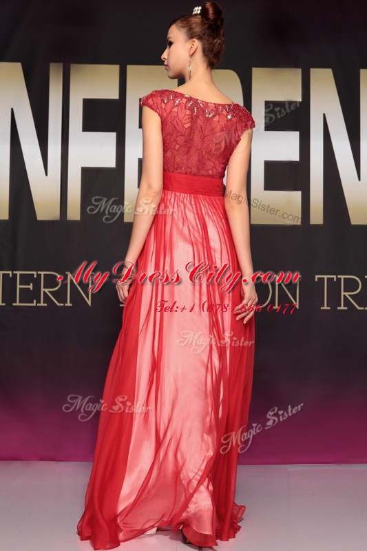 Modern Red Side Zipper Prom Party Dress Appliques and Belt Short Sleeves Floor Length