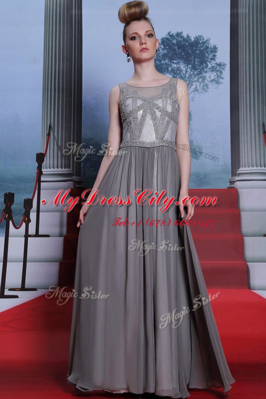 Scoop Sleeveless Dress for Prom Floor Length Beading Grey Chiffon