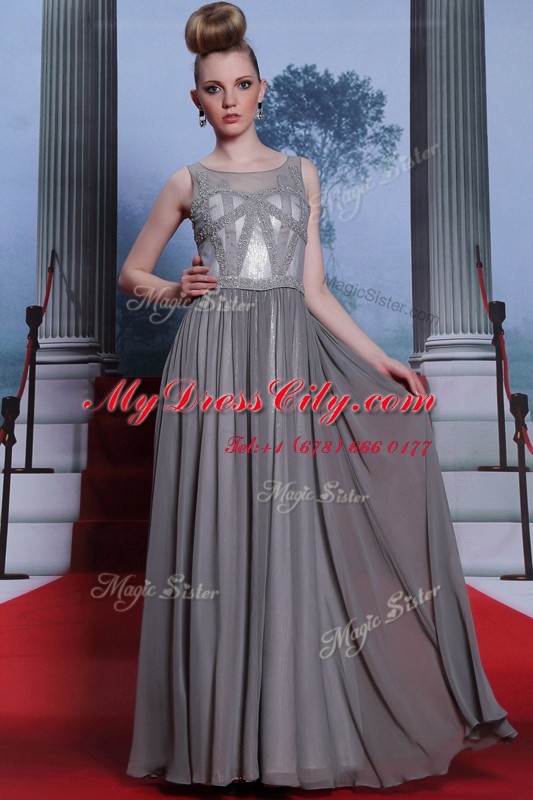 Scoop Sleeveless Dress for Prom Floor Length Beading Grey Chiffon