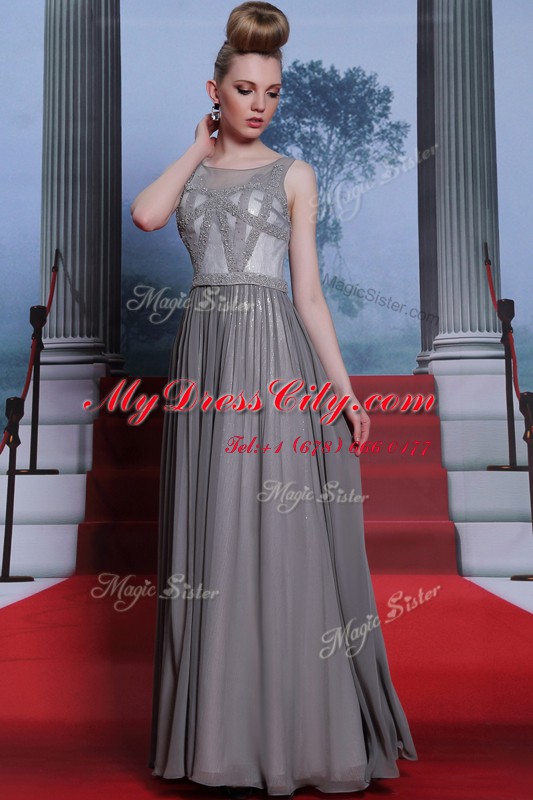 Scoop Sleeveless Dress for Prom Floor Length Beading Grey Chiffon