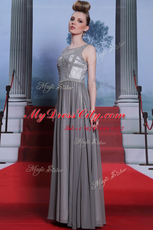 Scoop Sleeveless Dress for Prom Floor Length Beading Grey Chiffon