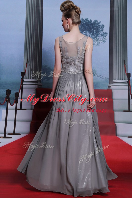 Scoop Sleeveless Dress for Prom Floor Length Beading Grey Chiffon