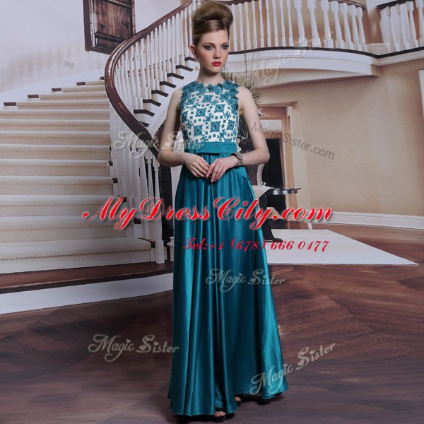 Eye-catching Scalloped Floor Length Column/Sheath Sleeveless Teal Prom Party Dress Clasp Handle