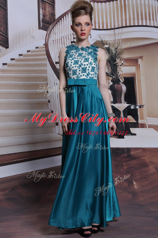 Eye-catching Scalloped Floor Length Column/Sheath Sleeveless Teal Prom Party Dress Clasp Handle