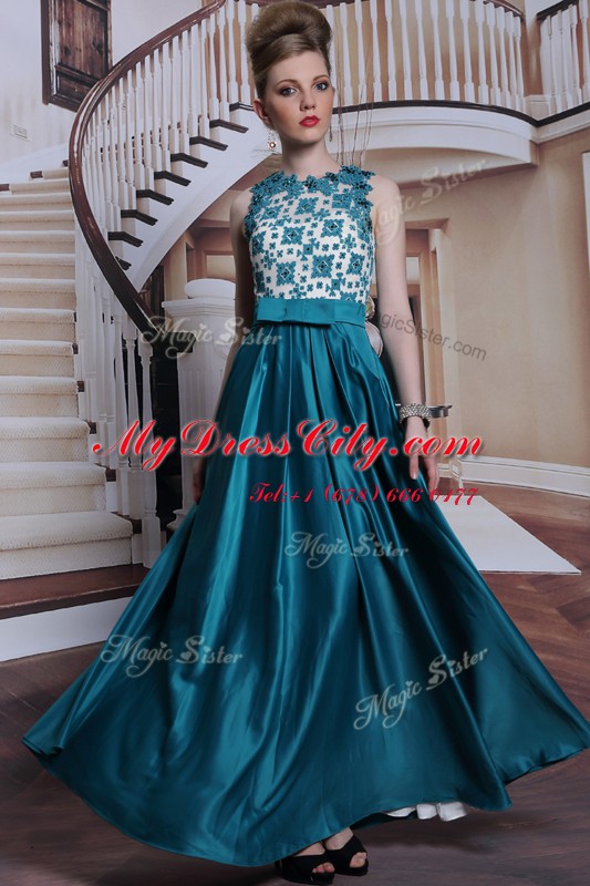 Eye-catching Scalloped Floor Length Column/Sheath Sleeveless Teal Prom Party Dress Clasp Handle