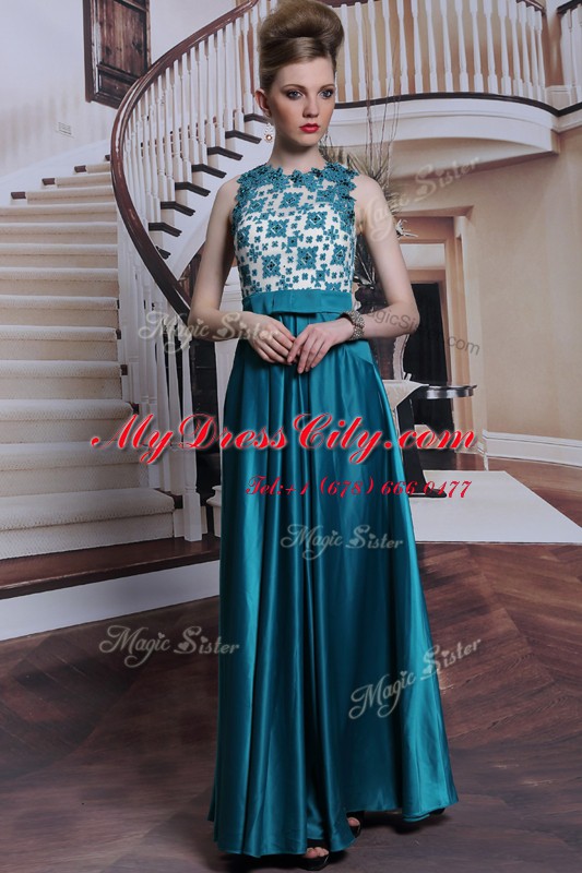 Eye-catching Scalloped Floor Length Column/Sheath Sleeveless Teal Prom Party Dress Clasp Handle