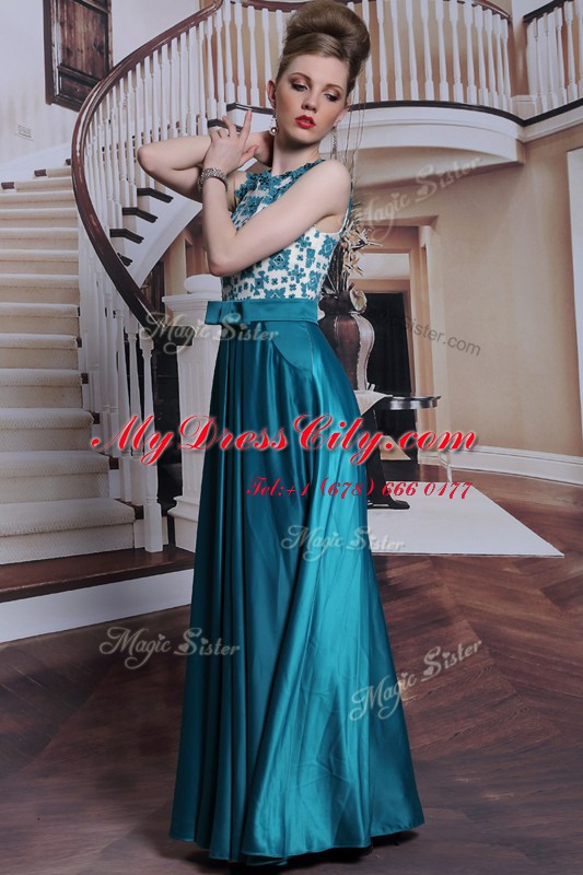 Eye-catching Scalloped Floor Length Column/Sheath Sleeveless Teal Prom Party Dress Clasp Handle