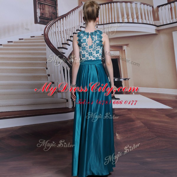 Eye-catching Scalloped Floor Length Column/Sheath Sleeveless Teal Prom Party Dress Clasp Handle