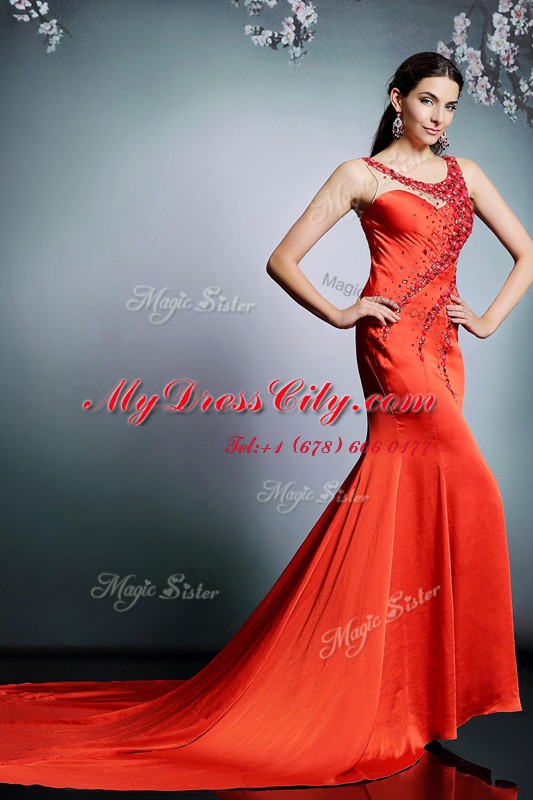 Perfect Coral Red Dress for Prom Scoop Sleeveless Court Train Side Zipper