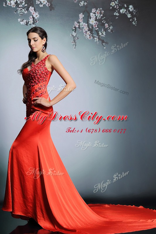 Perfect Coral Red Dress for Prom Scoop Sleeveless Court Train Side Zipper