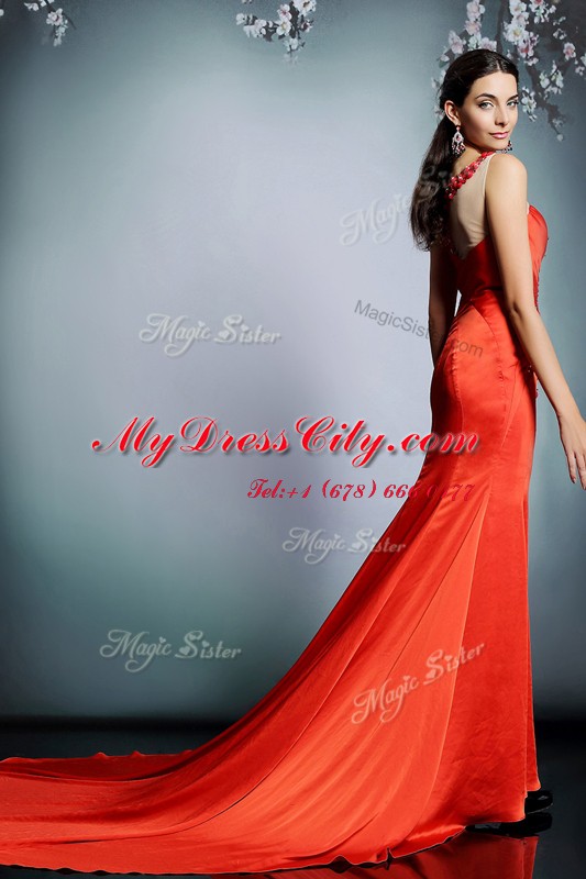 Perfect Coral Red Dress for Prom Scoop Sleeveless Court Train Side Zipper