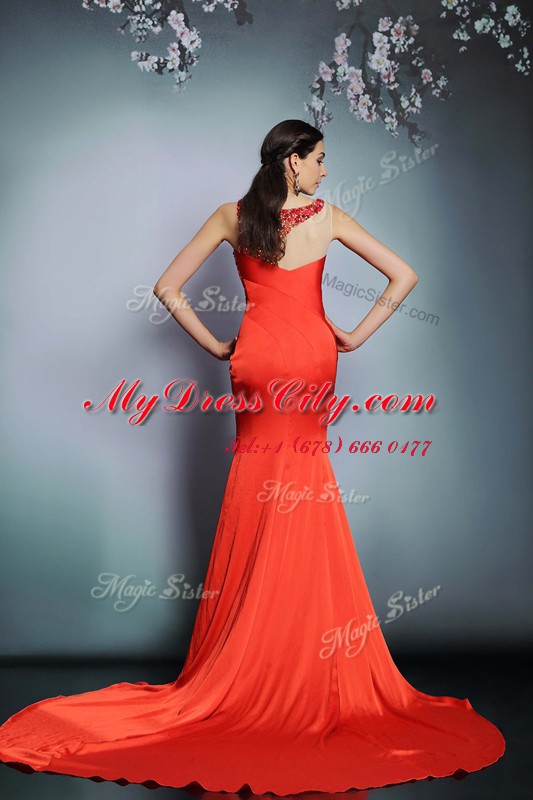 Perfect Coral Red Dress for Prom Scoop Sleeveless Court Train Side Zipper